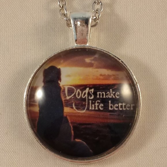 Silver Golden Retriever Labrador "Dogs Make Life Better" Cabochon Necklace 20" - Picture 1 of 3